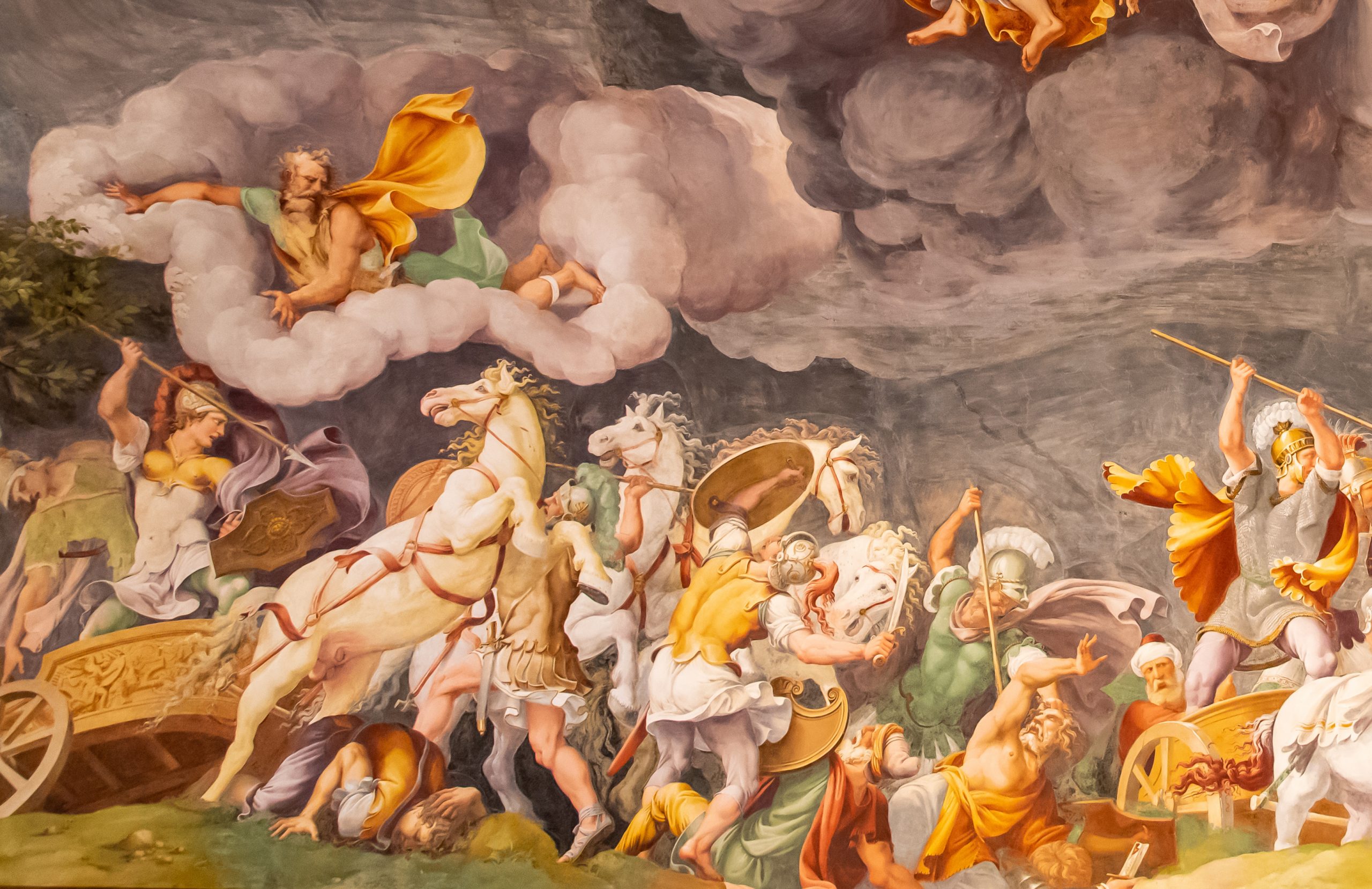 Old medieval italian fresco showing battle in heavens and on ear